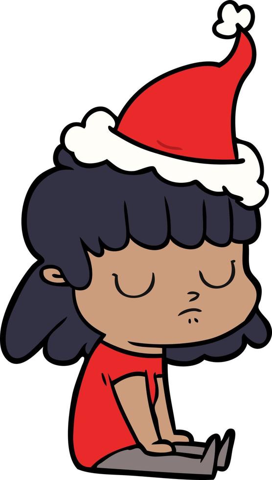 line drawing of a indifferent woman wearing santa hat vector