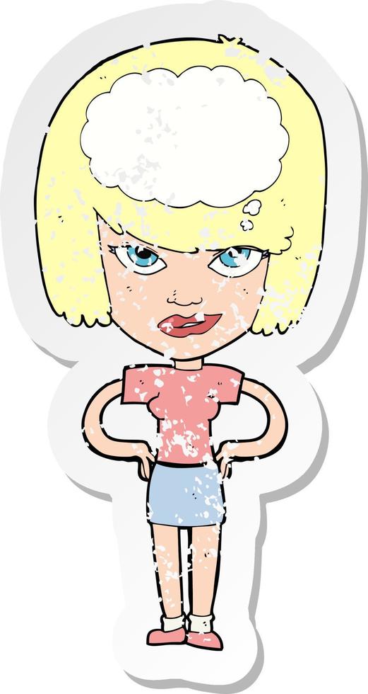 retro distressed sticker of a cartoon woman thinking vector