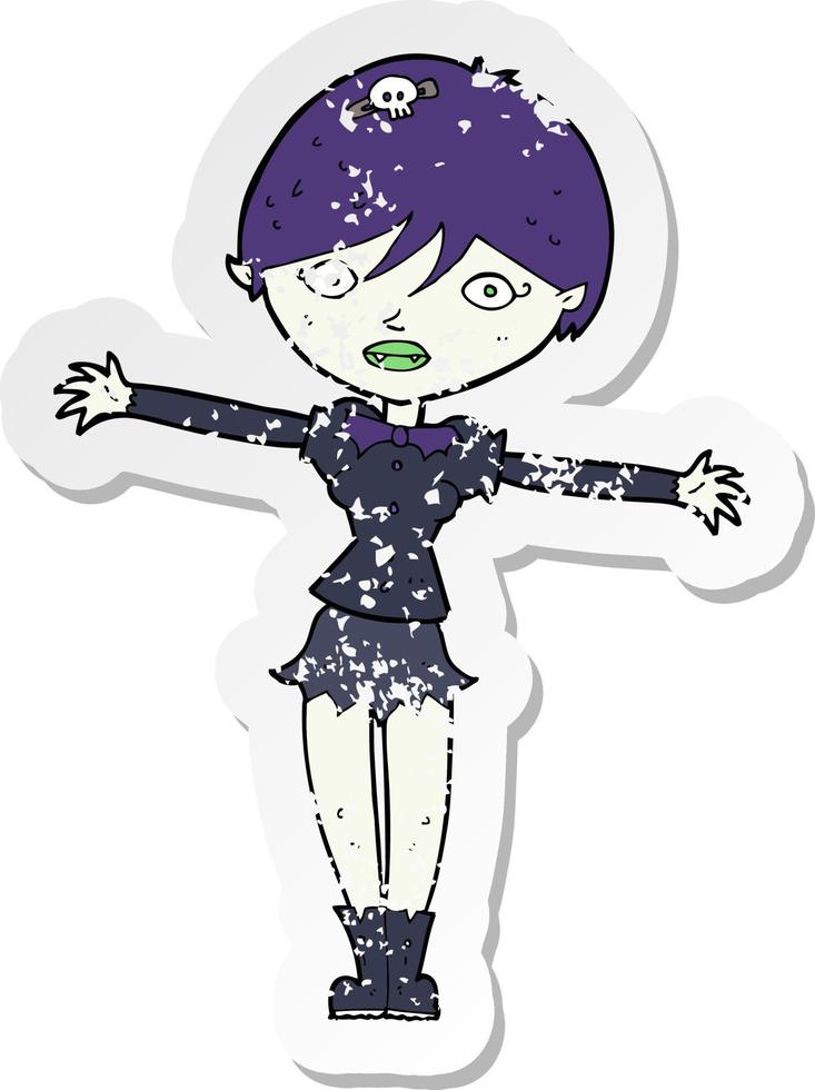 retro distressed sticker of a cartoon vampire girl vector