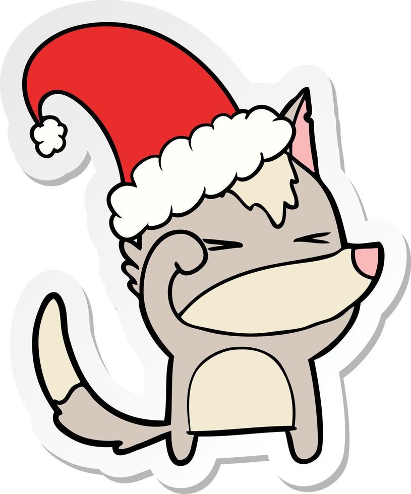 sticker of a tired wolf cartoon wearing xmas hat vector