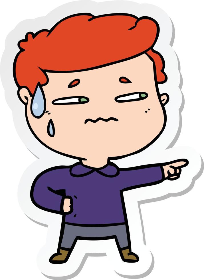 sticker of a cartoon anxious man pointing vector