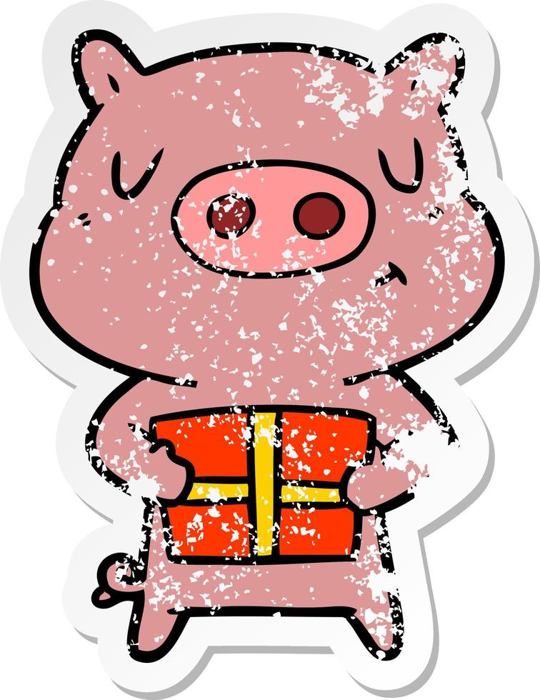 distressed sticker of a cartoon christmas pig vector