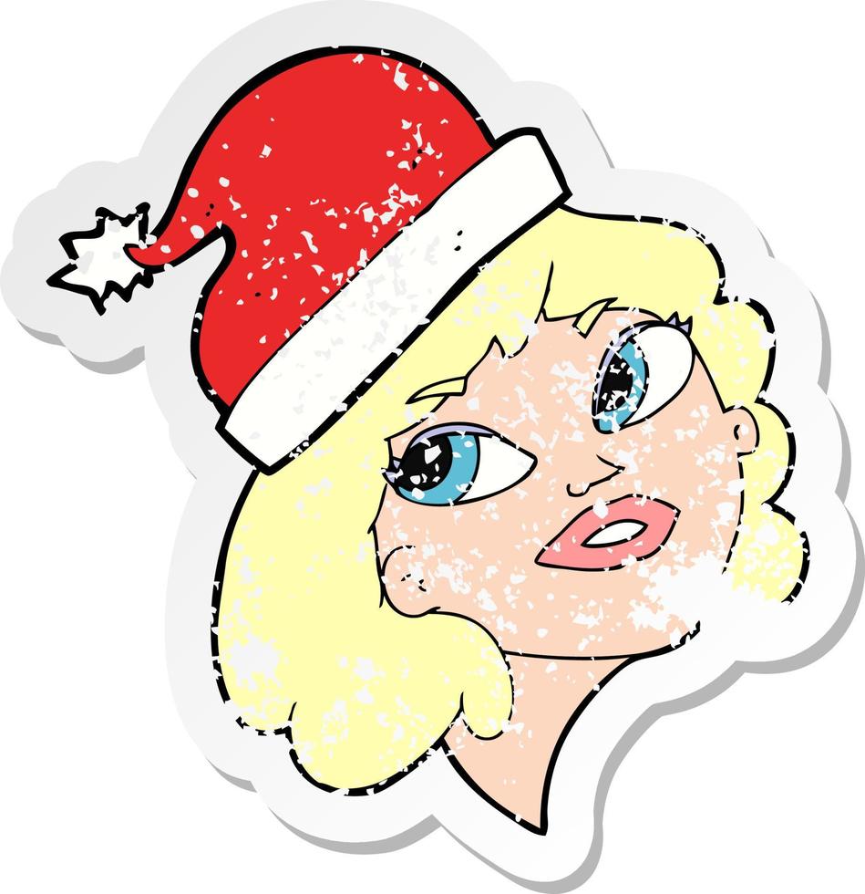 retro distressed sticker of a cartoon woman ready for christmas vector