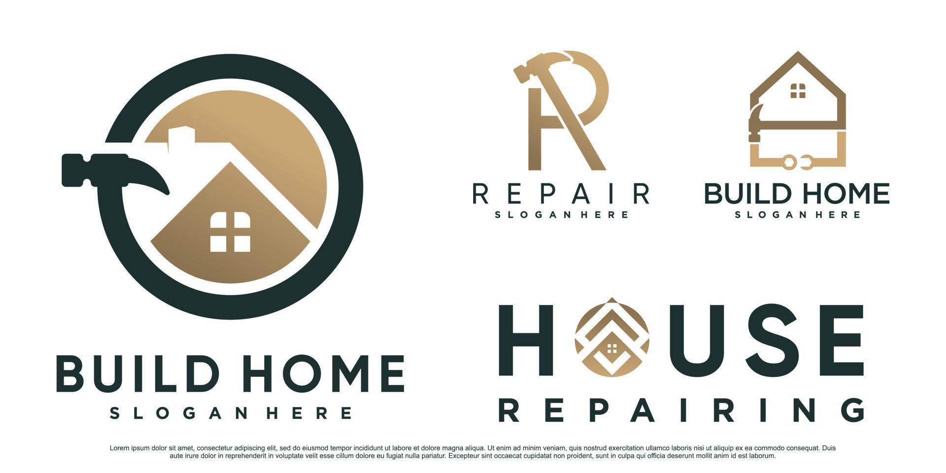 Set of build house logo design inspiration for construction with hammer and creative element Premium Vector