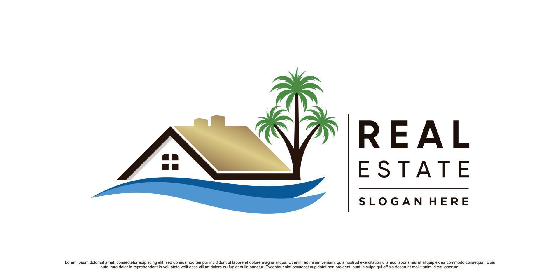 inspiración de diseño de logotipo de bienes raíces con vector premium de palmera y logotipo de onda
