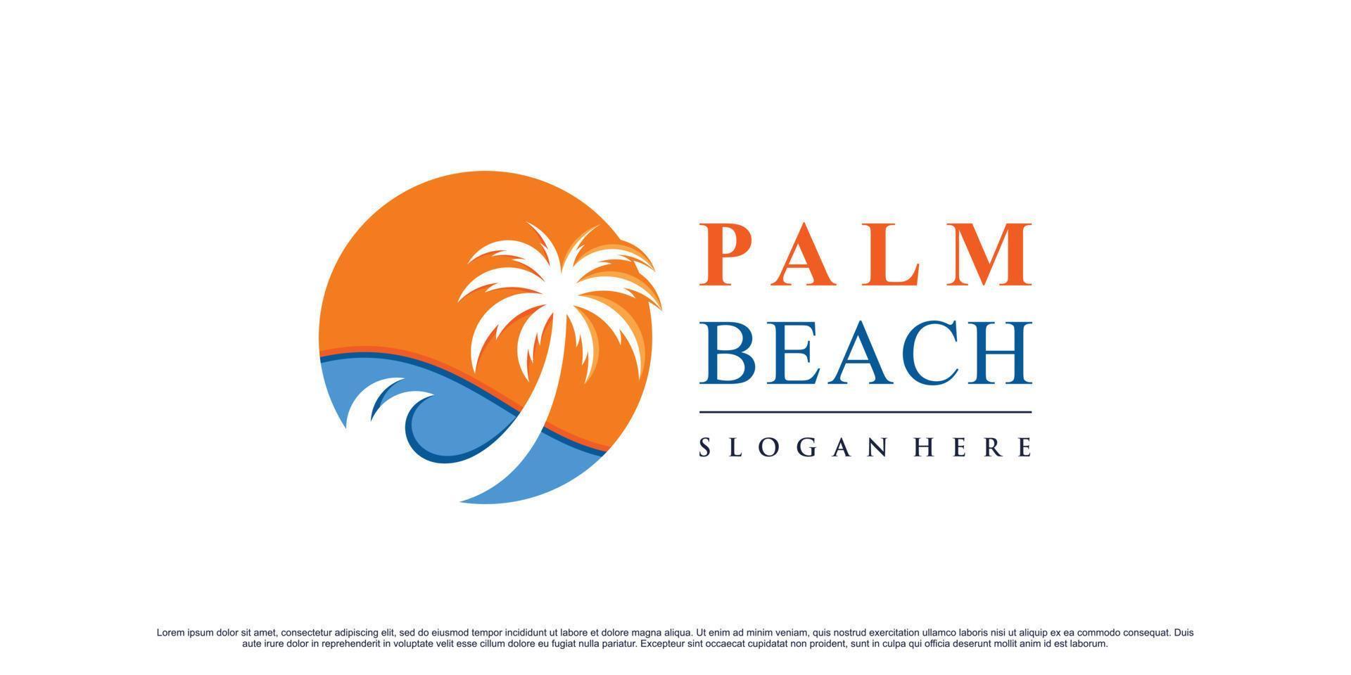 Palm tree and beach logo design illustration with wave and creative concept Premium Vector