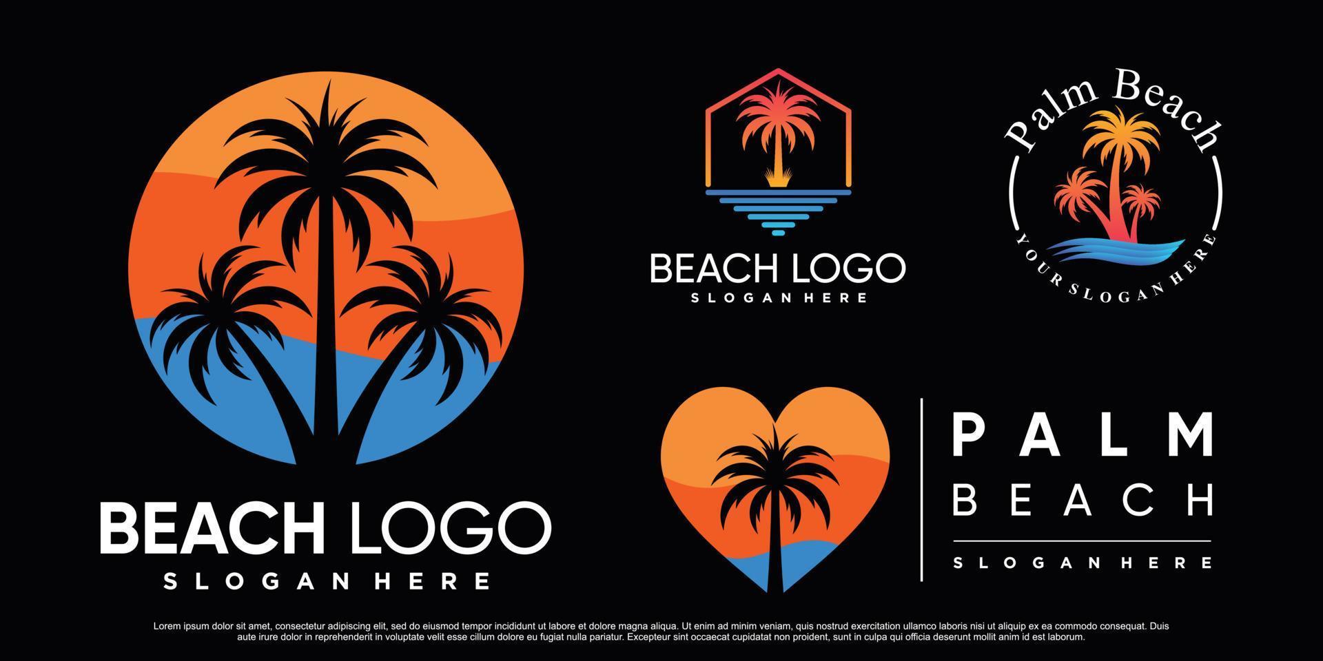 conjunto de inspiración de diseño de logotipo de playa con palmera y vector premium de elemento creativo