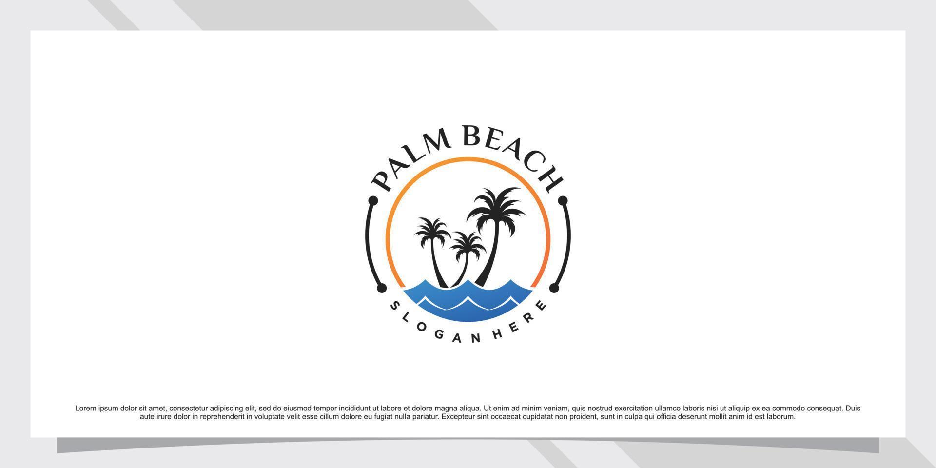 Palm tree and beach logo design inspiration with sun and creative element Premium Vector