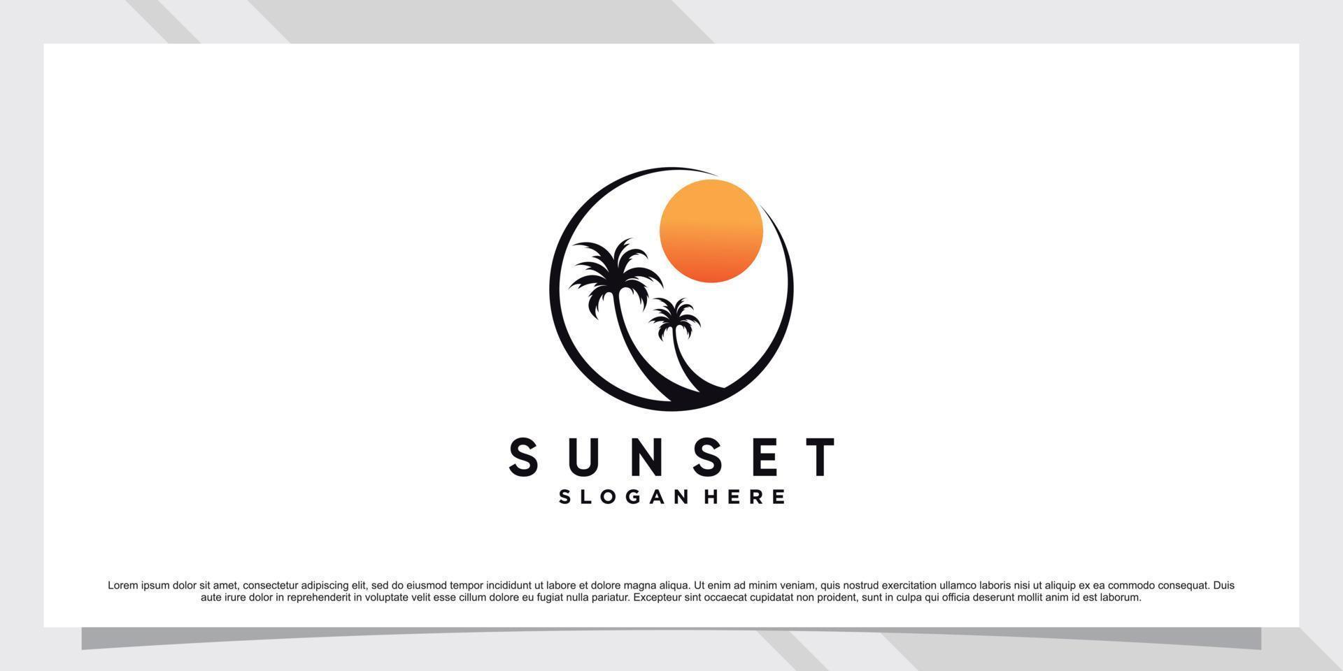 plantilla de diseño de logotipo al atardecer con palmera y vector premium de elemento creativo