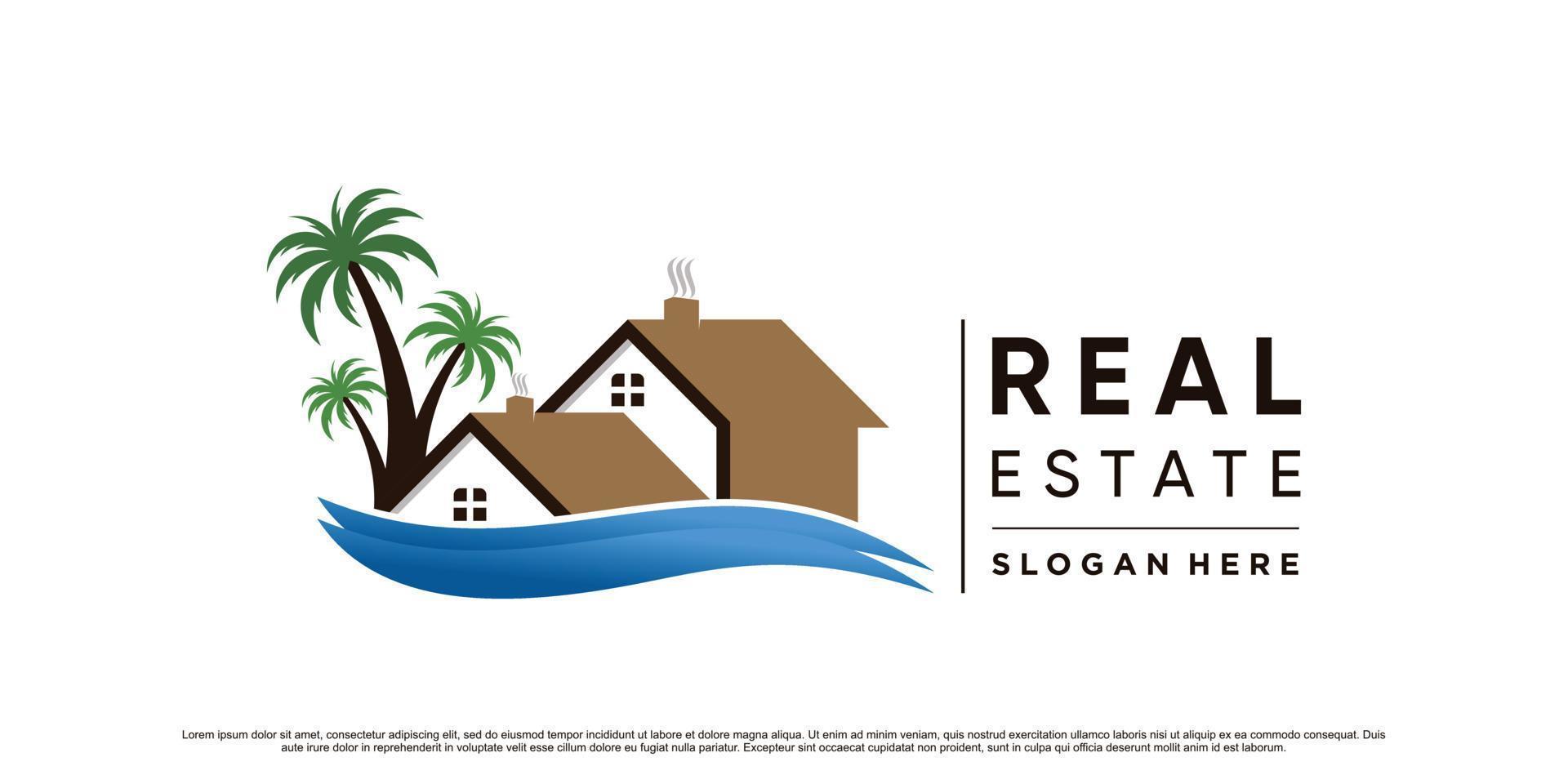 Real estate logo design inspiration with palm tree and wave logo Premium Vector