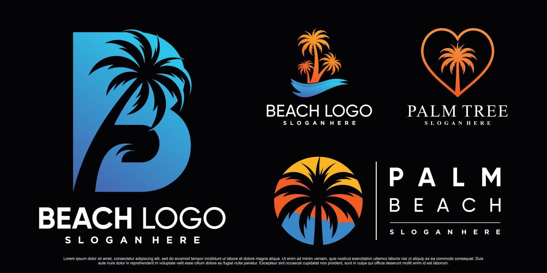 conjunto de inspiración de diseño de logotipo de playa con palmera y vector premium de elemento creativo