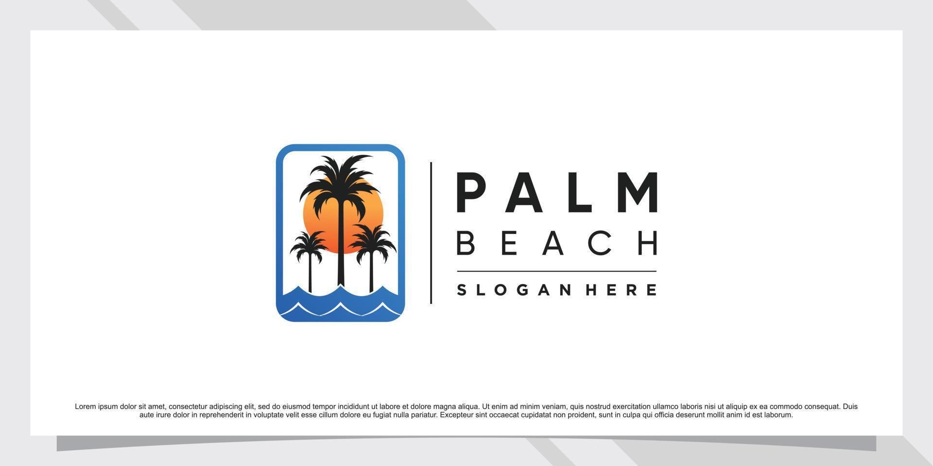 Palm tree and beach logo design inspiration with sun and creative element Premium Vector
