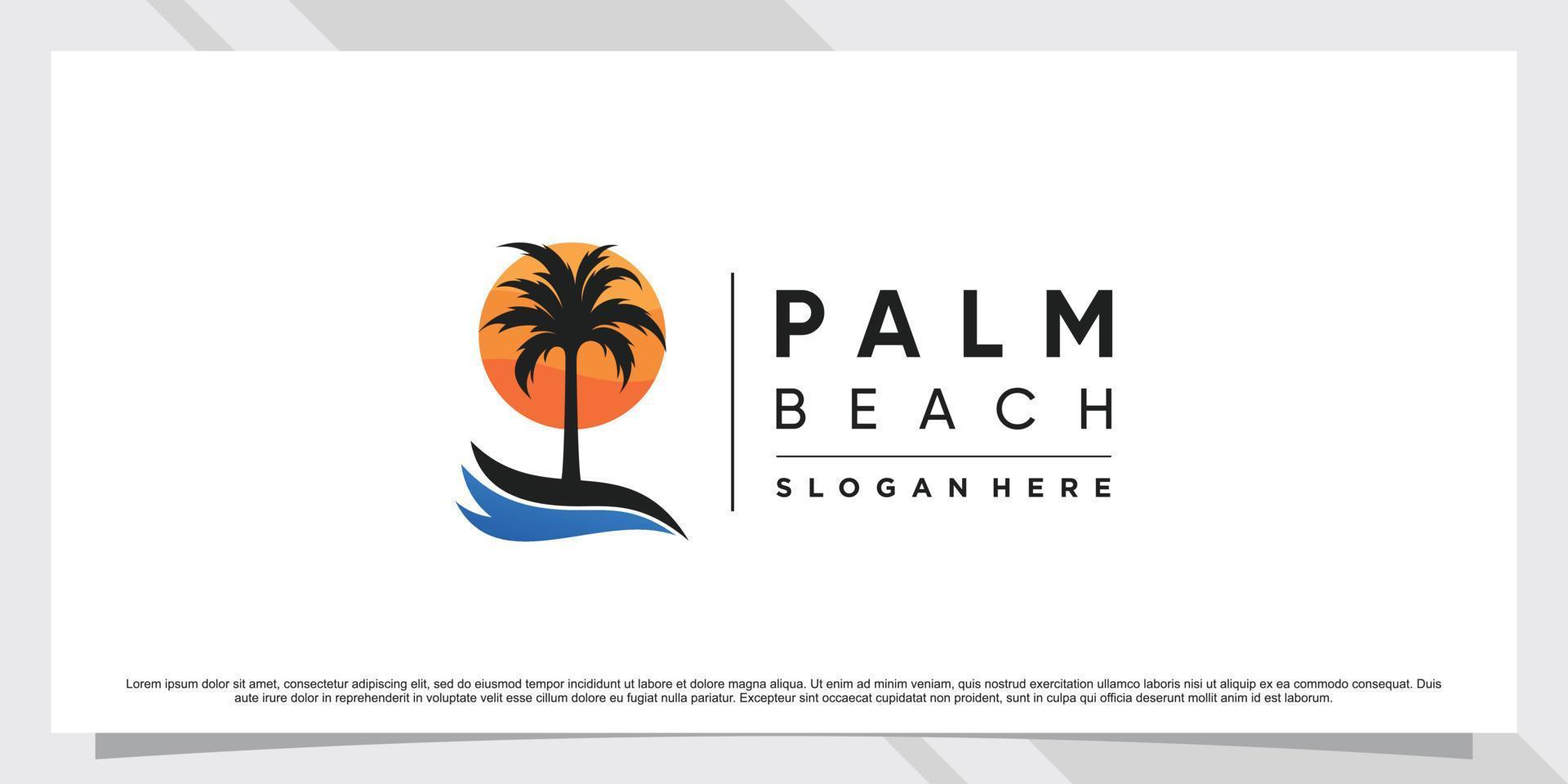 Palm tree and beach logo design inspiration with sun and creative element Premium Vector