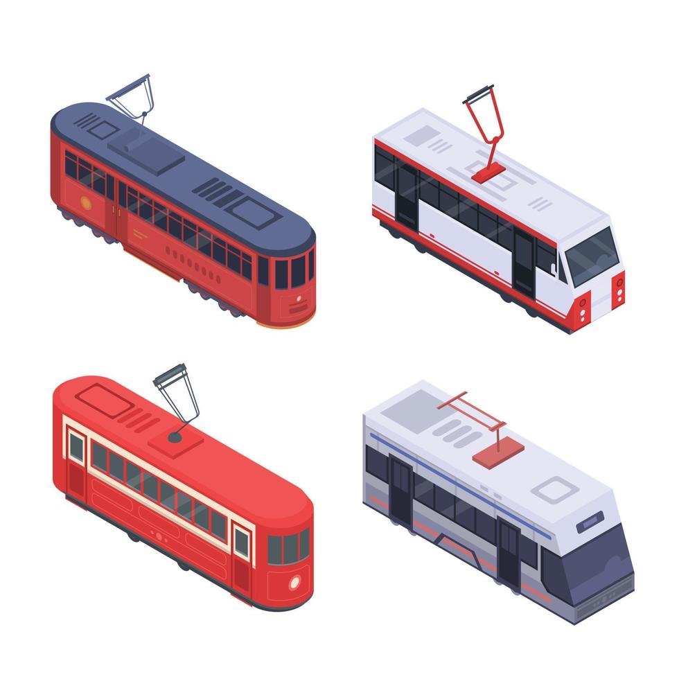 conjunto de iconos de coche de tranvía, estilo isométrico vector