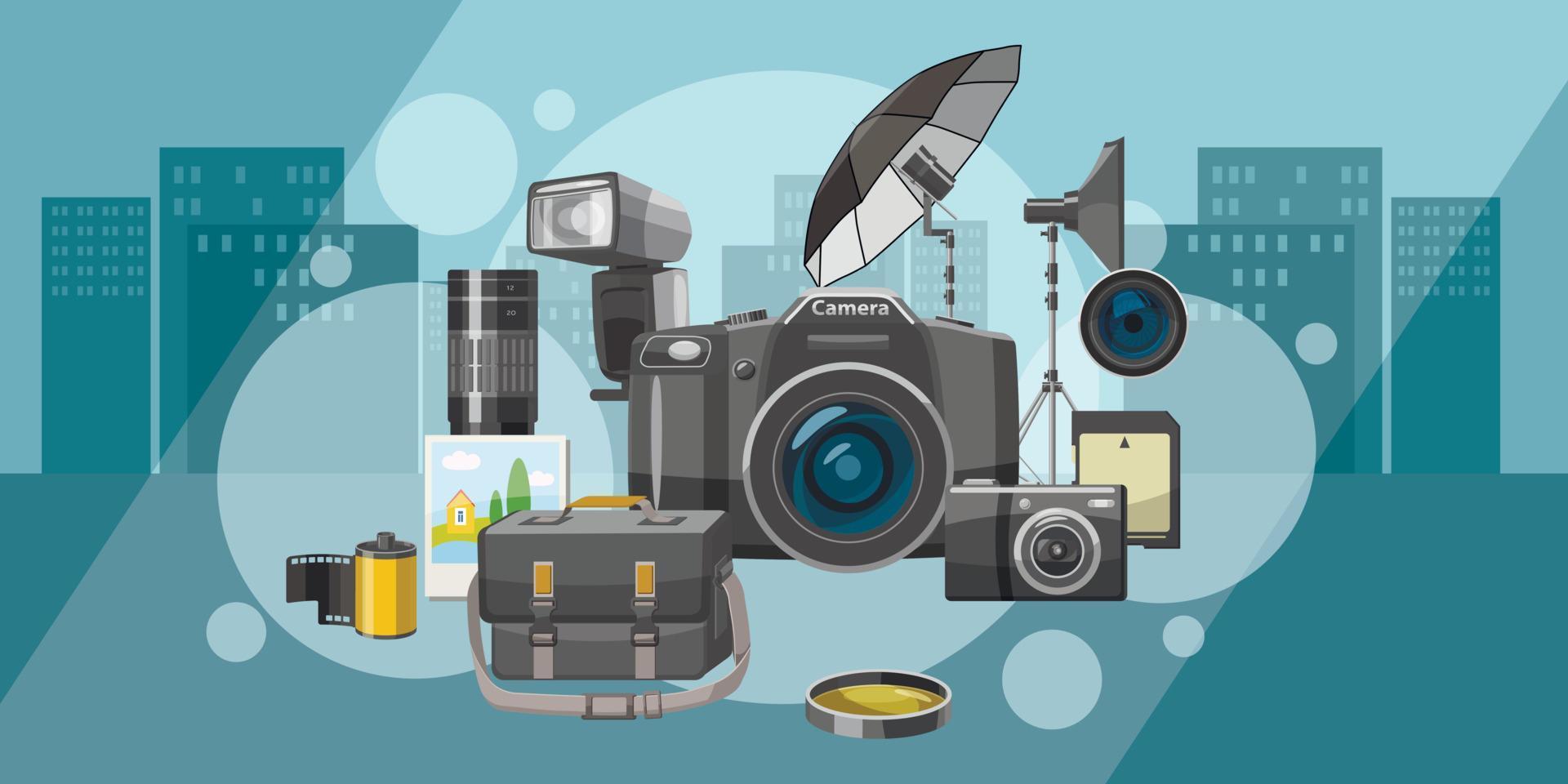 Photo studio banner horizontal city, cartoon style vector