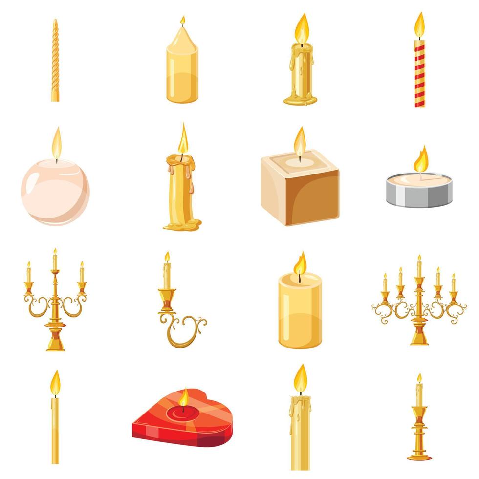 Candles forms icons set, cartoon style vector