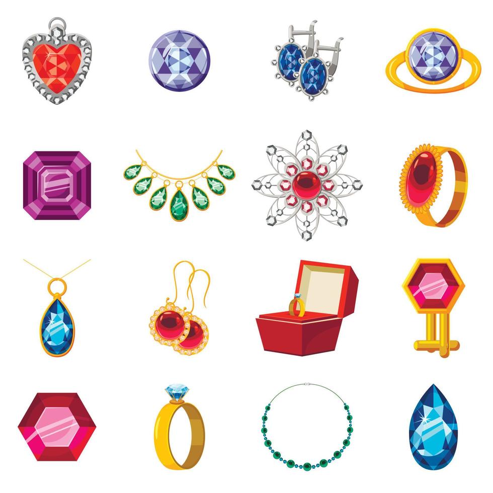 Jewelry collection icons set, cartoon style vector