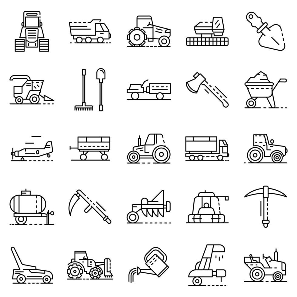 Farming equipment icon set, outline style vector