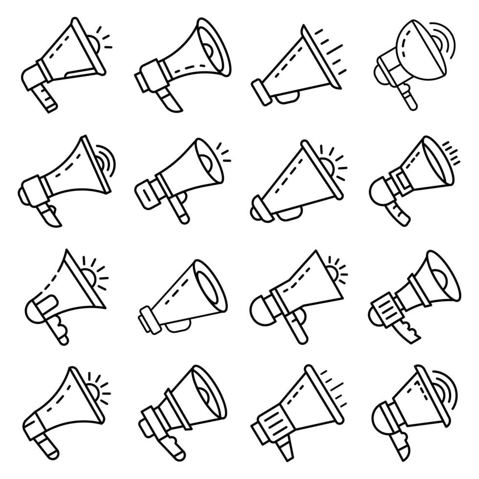 conjunto de iconos de megáfono, estilo de esquema vector