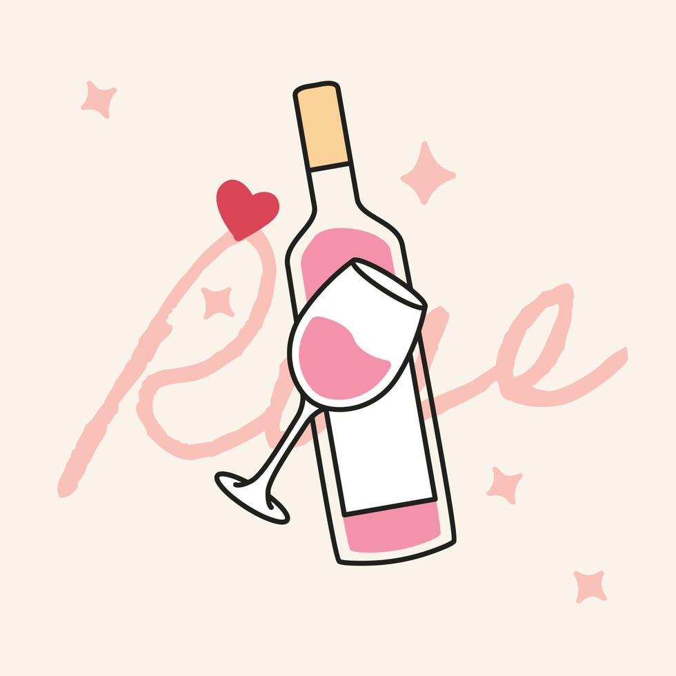 A Bottle Of Rose Wine With Glass Illustration Icon. Hand Drawn Design Showing Wine with Glass, over the Pink Rose Text. Editable Vector, Isolated Background. vector