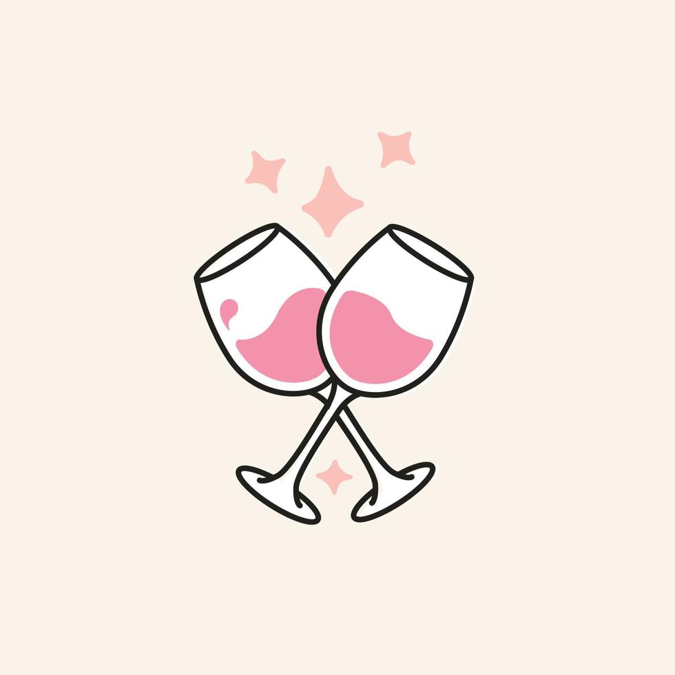 Hand Drawn Wine Glasses Illustration Icon. Modern Outline Design Showing A Pair Of Glasses with Pink Wine and Sparkles Around Them. Isolated Background, Vector. vector