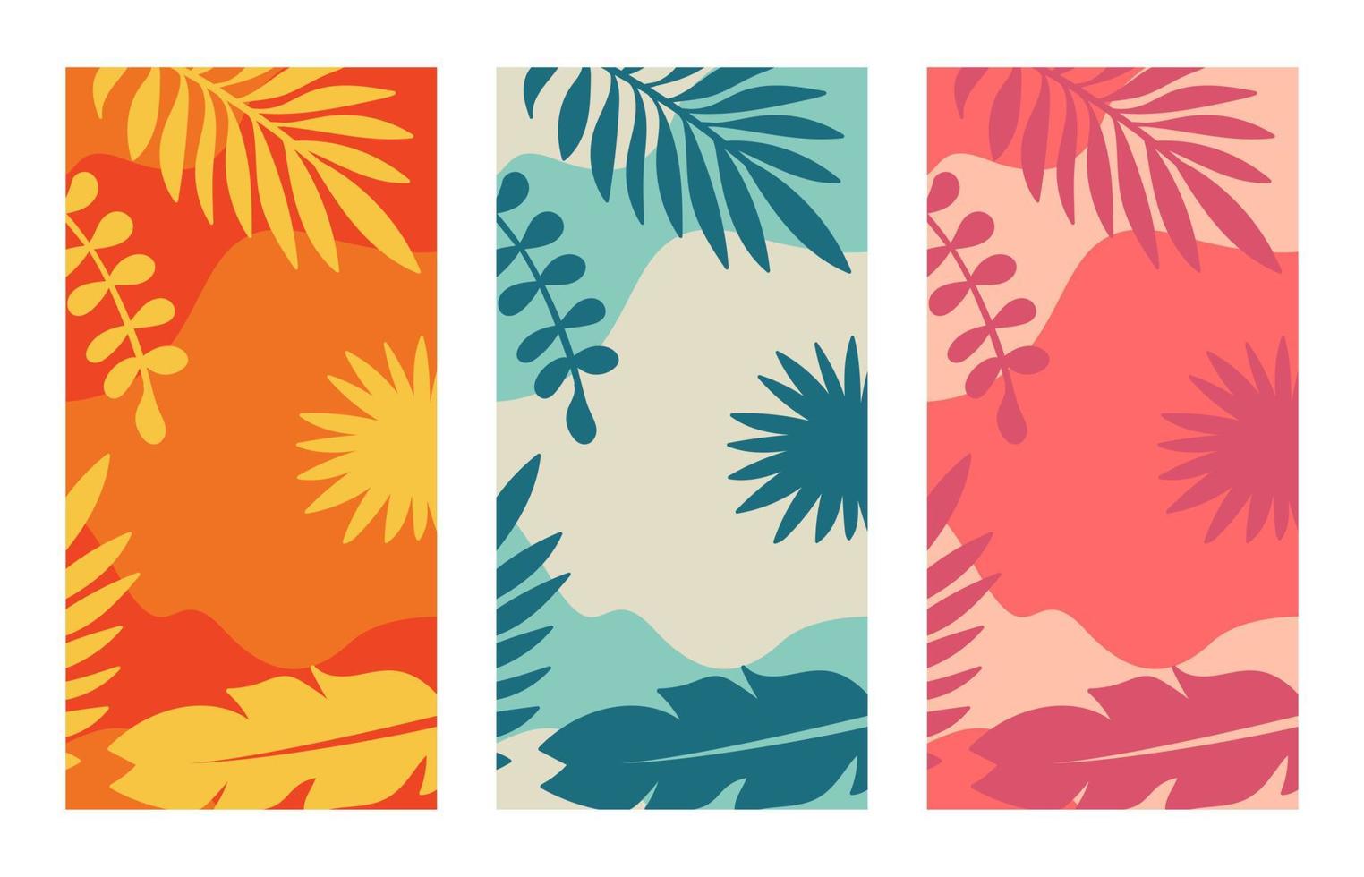 conjunto de carteles verticales abstractos de verano. diseños de hojas y plantas tropicales con espacio de copia, para redes sociales, formato de historia 9x16 y diseño gráfico. vector