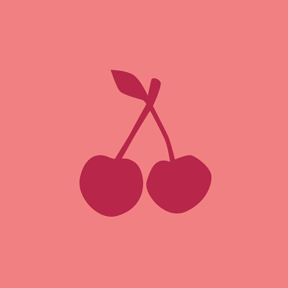 fruta de cereza de dibujos animados aislada sobre fondo rosa, dibujo simple. silueta de cerezas dulces frescas en estilo de diseño plano. icono de contorno de fruta de verano. vector