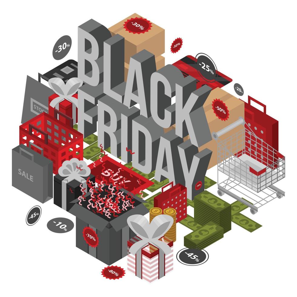 Black friday shop concept background, isometric style vector