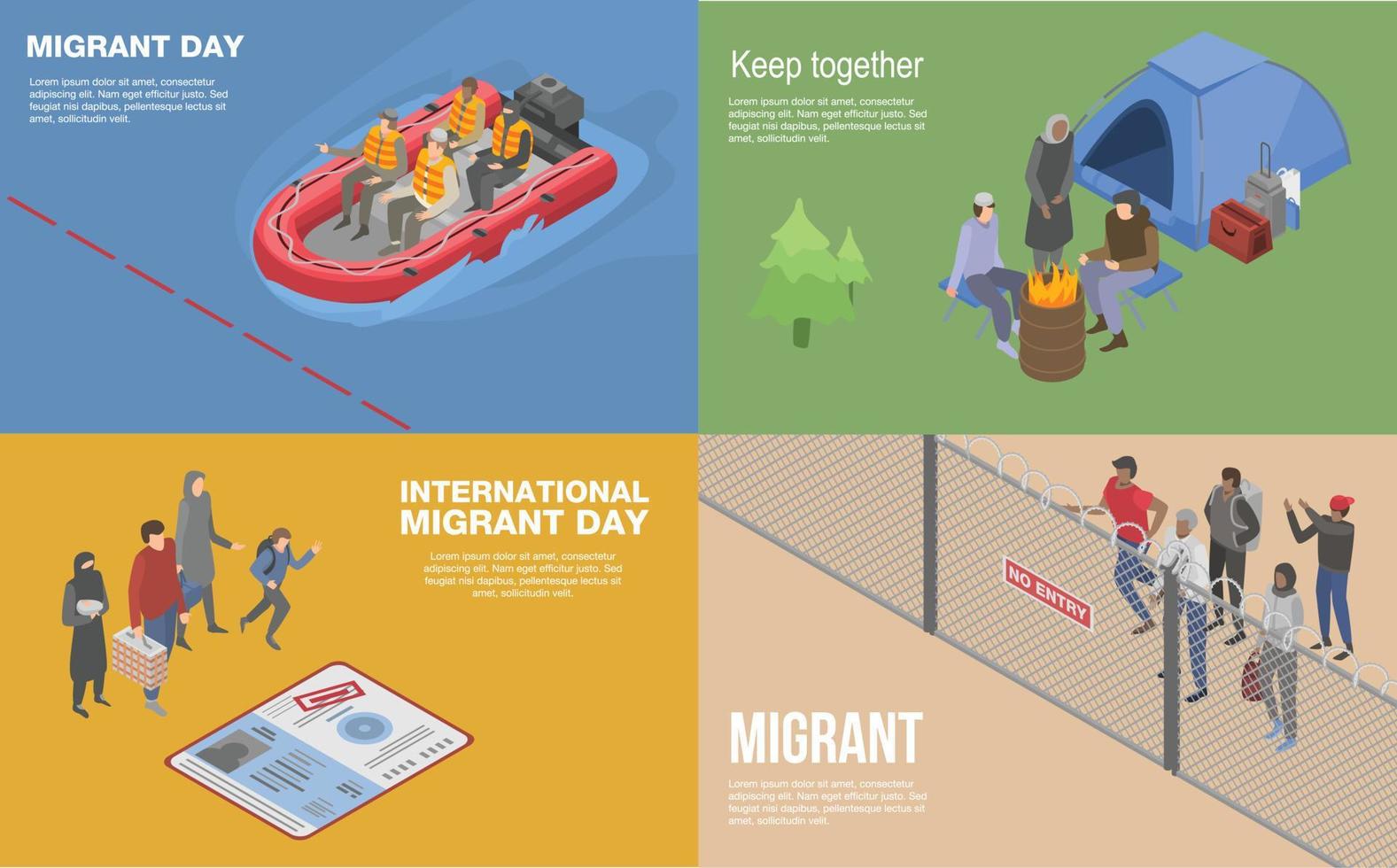 conjunto de pancartas de refugiados migrantes, estilo isométrico vector