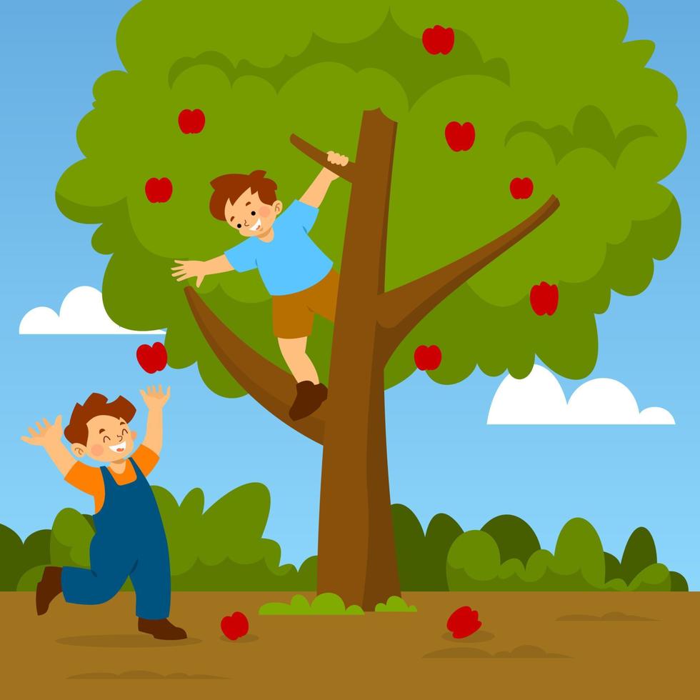 niños recogiendo manzanas vector