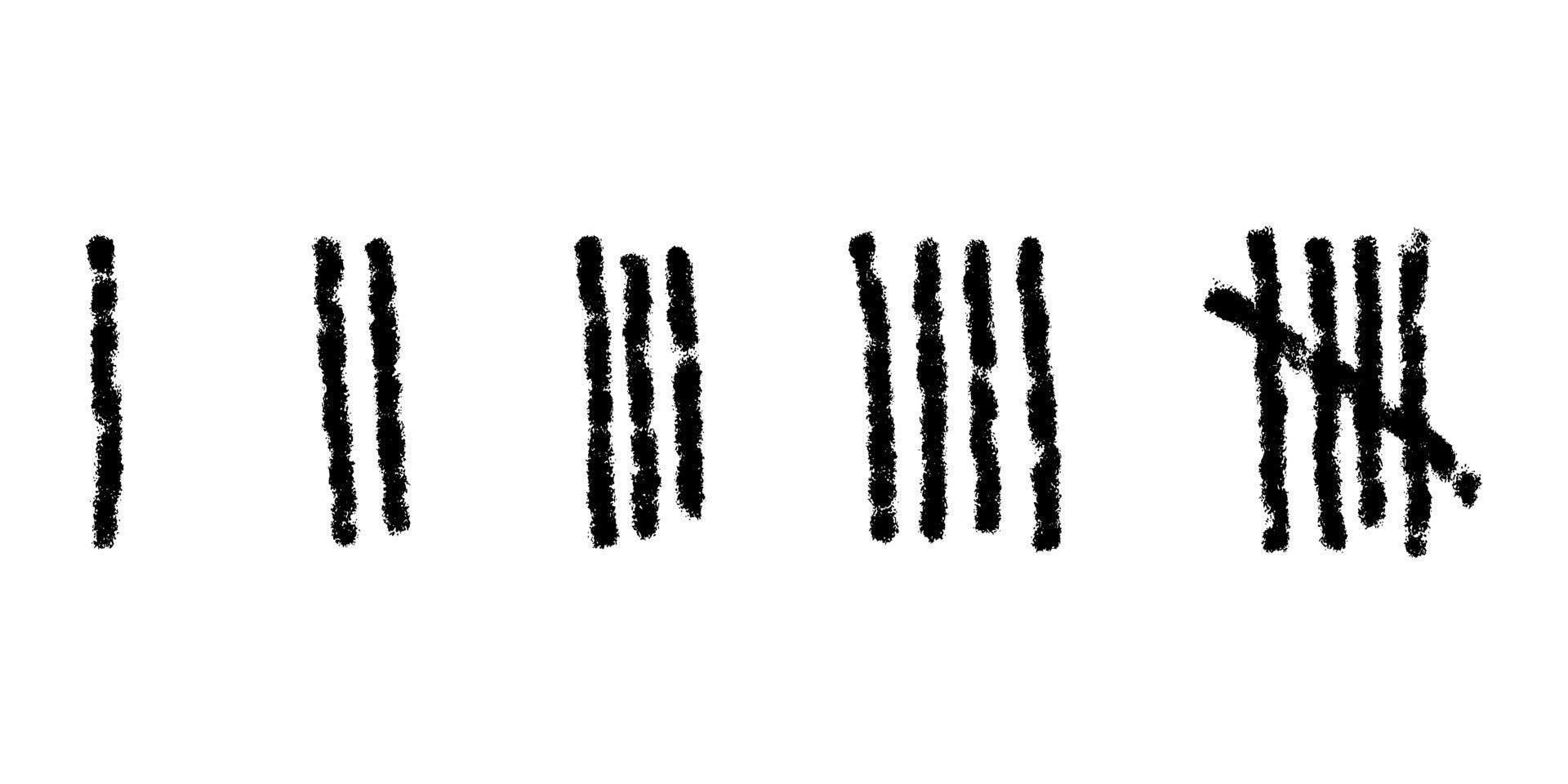 Charcoal tally marks isolated on white background. Day counting symbols on jail wall. Unary numeral system signs vector