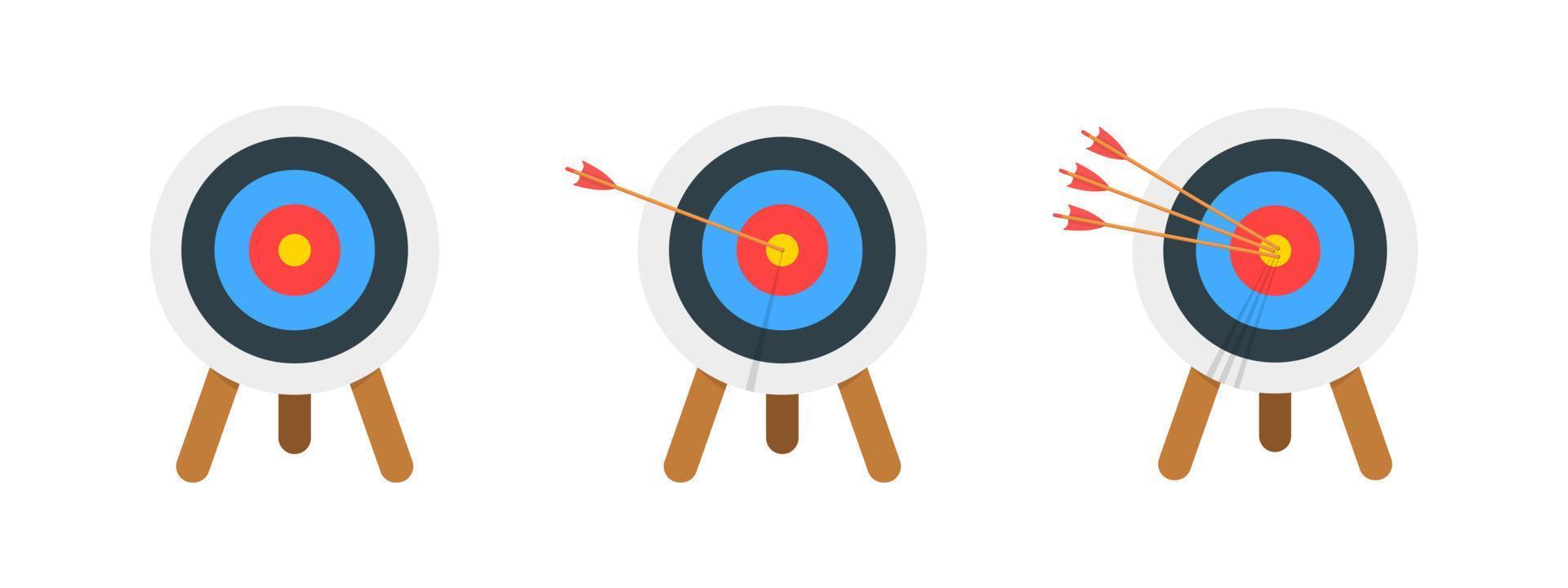 Archery target ring with and without arrows hitting bullseye. Dartboard on tripod isolated on white background. Goal achieving concept. Business success strategy symbol vector