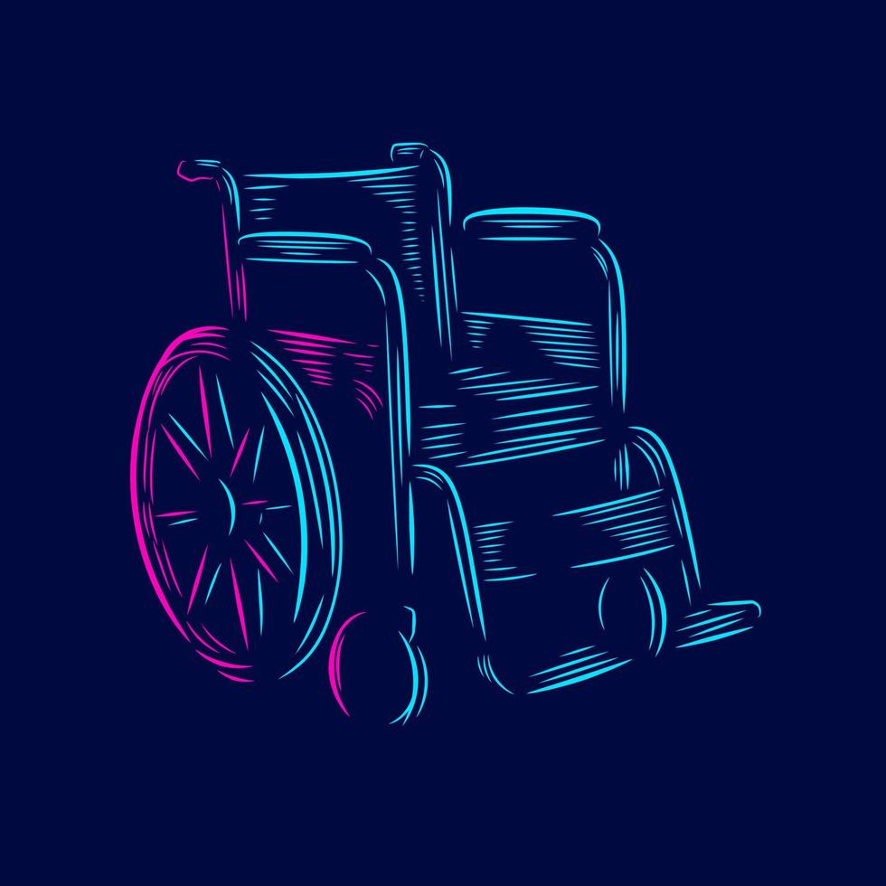 logotipo de arte pop en silla de ruedas. diseño colorido médico con fondo oscuro. ilustración vectorial abstracta. fondo negro aislado para camiseta, afiche, ropa, merchandising, ropa, diseño de placa vector