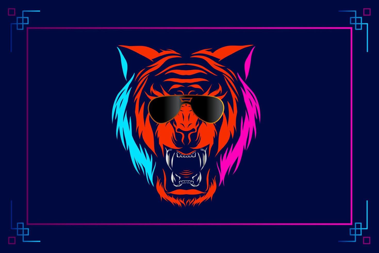 Tiger hunter head vector silhouette line pop art potrait logo colorful design with dark background. Abstract vector illustration. Isolated black background for t-shirt, poster, clothing.