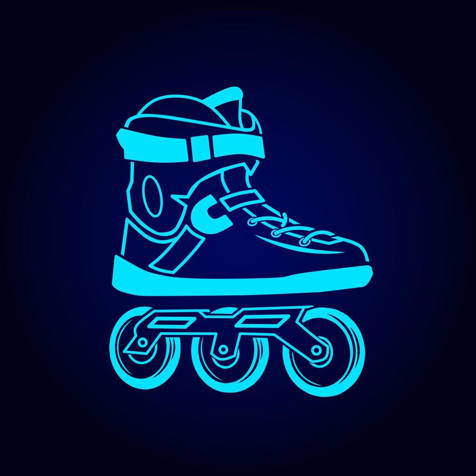 Rolling skate neon art logo. Inline skater colorful design with dark background. Sport shoes vector illustration. Isolated black background for t-shirt, poster, clothing, merch, apparel.