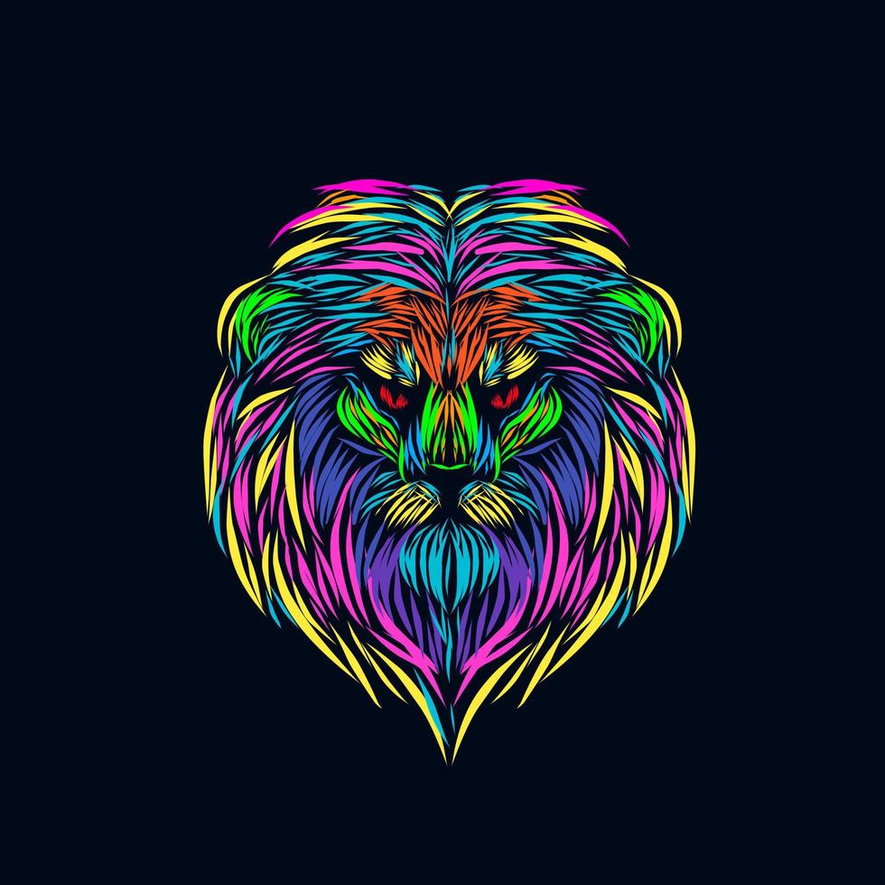 león rey de la selva cabeza cara silueta línea pop art potrait logo diseño colorido con fondo oscuro vector