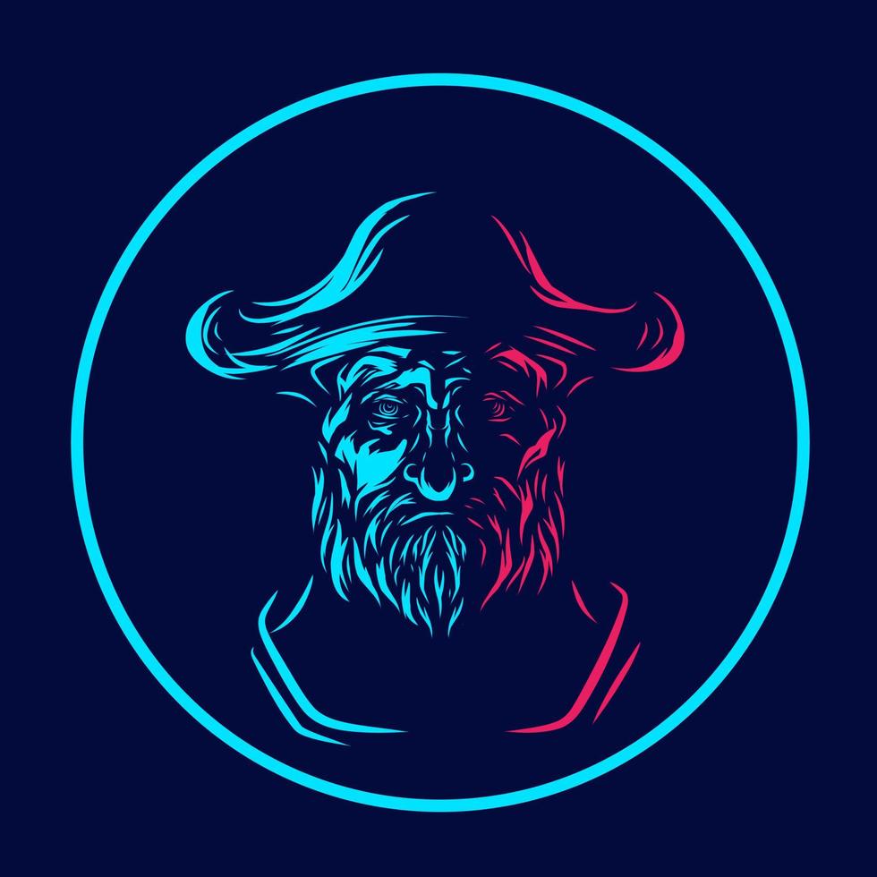 Pirate man bearded line neon art logo. Colorful design with dark background. Abstract vector illustration. Isolated with navy background for t-shirt, poster, clothing, merch, apparel.