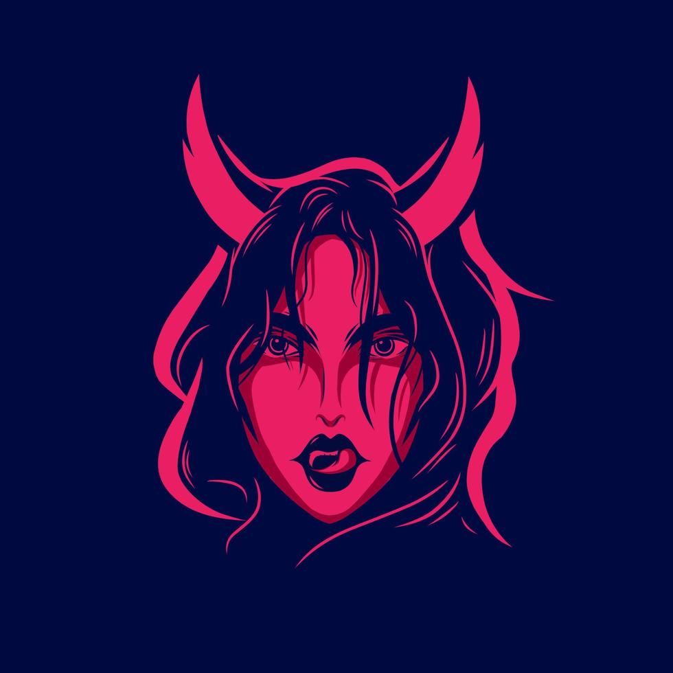 Sexy devil demon woman face logo. Colorful design with dark background. Abstract vector illustration. Isolated background for t-shirt, poster, clothing, merch, apparel, badge design