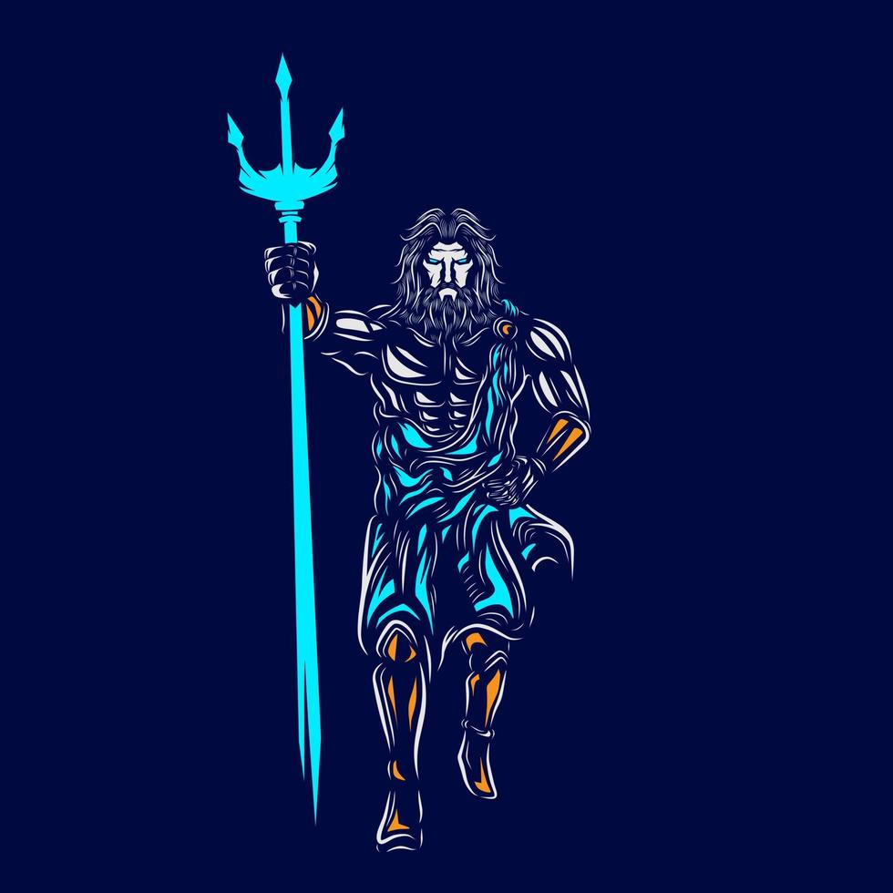 Poseidon the mythology logo line pop art portrait god colorful design with dark background. Abstract vector illustration.