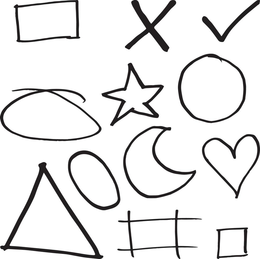 Hand Drawn doodles shape Set in the form of rectangle, cross, tick, star, heart, triangle among others vector