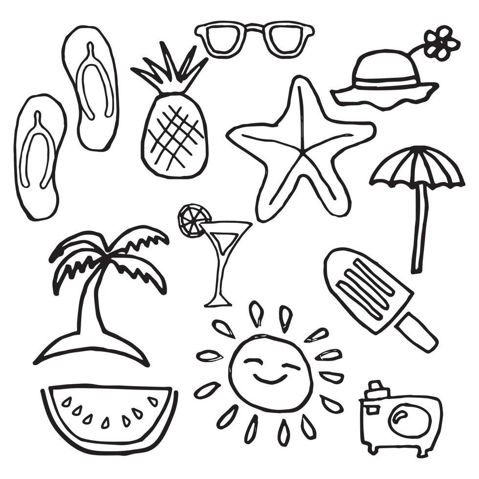 Hand Drawn Beach Doodle of star fish, sun glasses, round hat, watermelon, pineapple and anymore vector