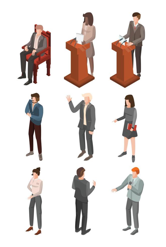 Political conference icon set, isometric style vector