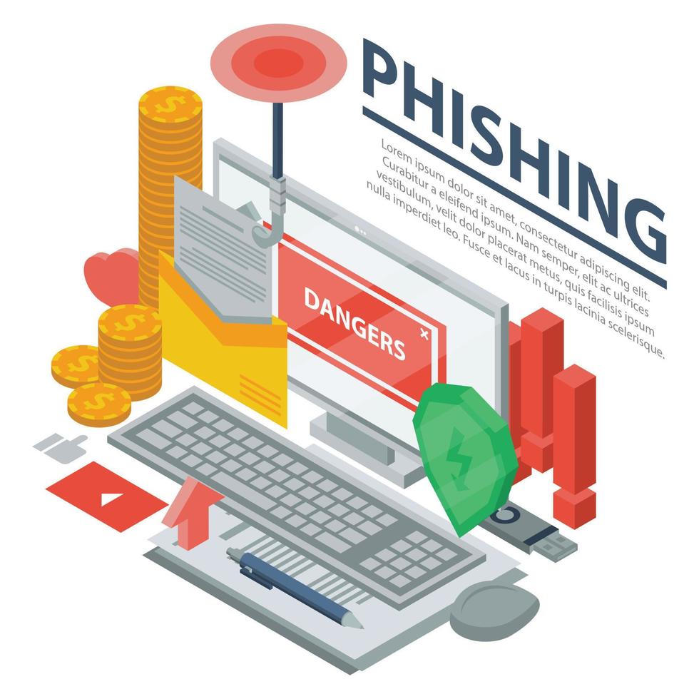 Computer phishing concept background, isometric style vector