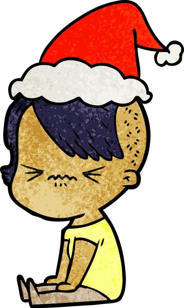 textured cartoon of a annoyed hipster girl wearing santa hat vector
