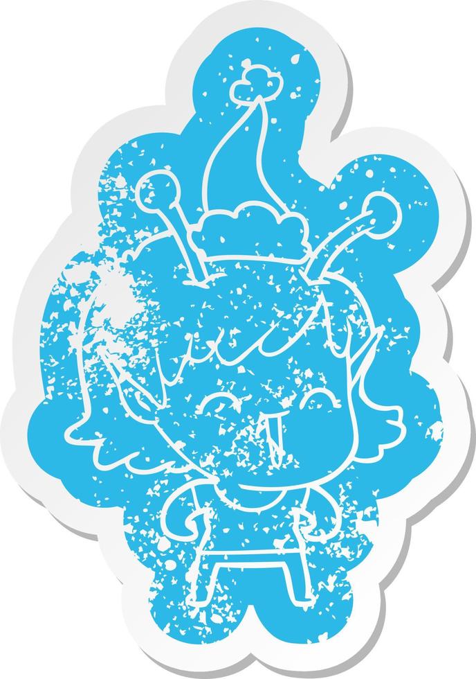 cartoon distressed sticker of a alien girl laughing wearing santa hat vector
