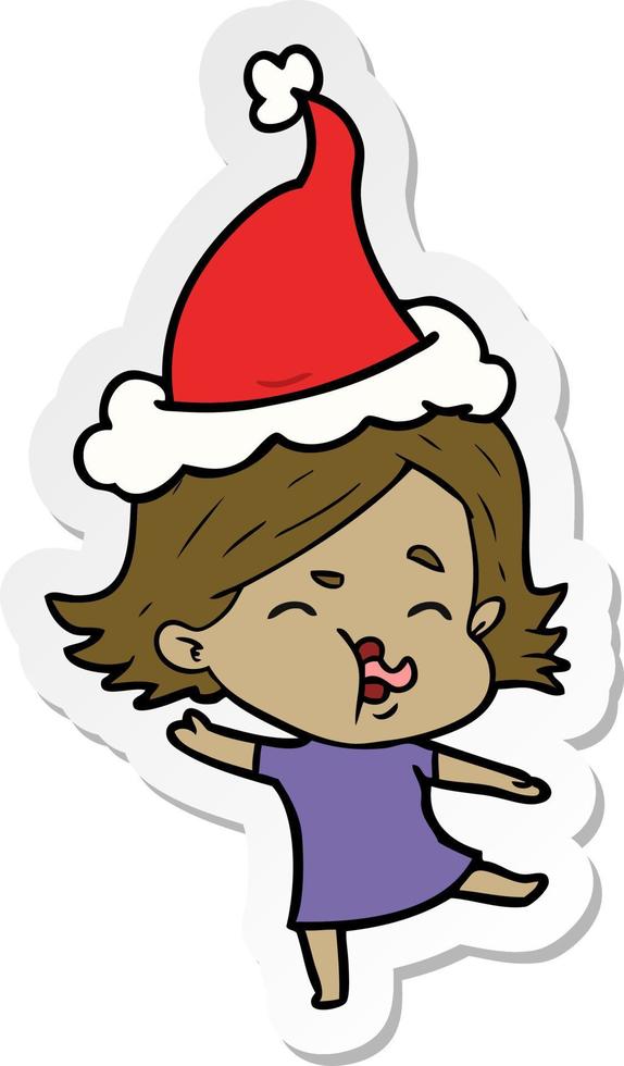 sticker cartoon of a girl pulling face wearing santa hat vector