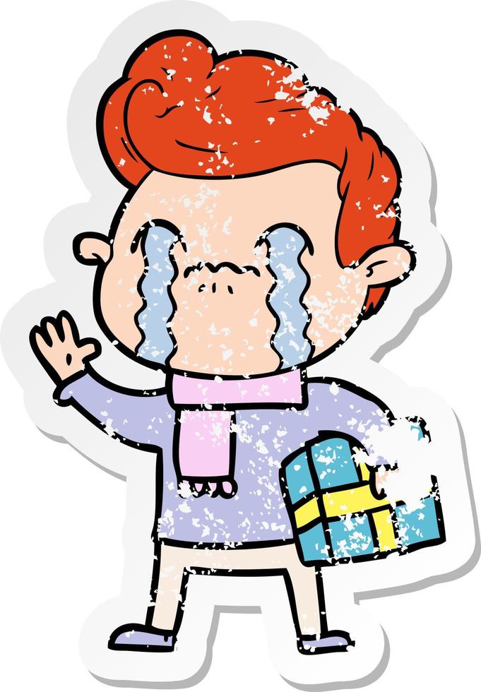 distressed sticker of a cartoon man crying vector