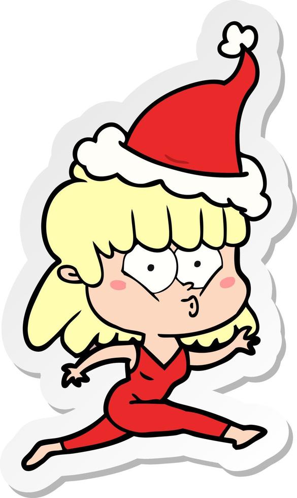 pegatina, caricatura, de, un, mujer, funcionamiento, llevando, santa sombrero vector