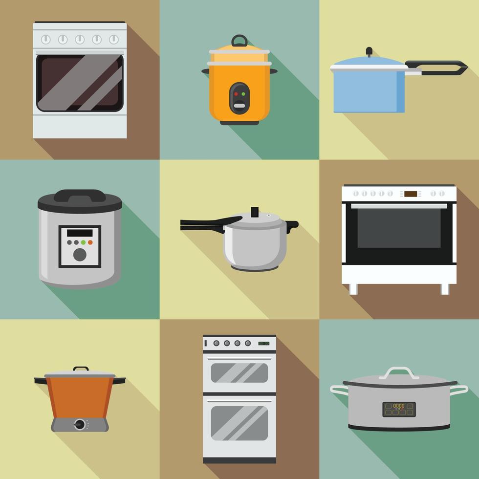 Kitchen cooker icon set, flat style vector