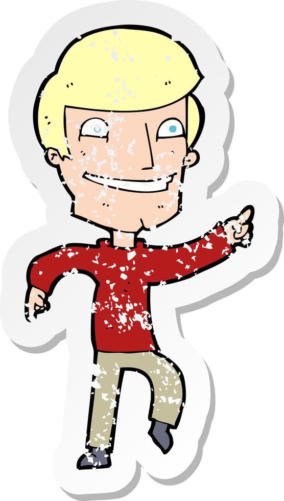 retro distressed sticker of a cartoon happy man pointing vector